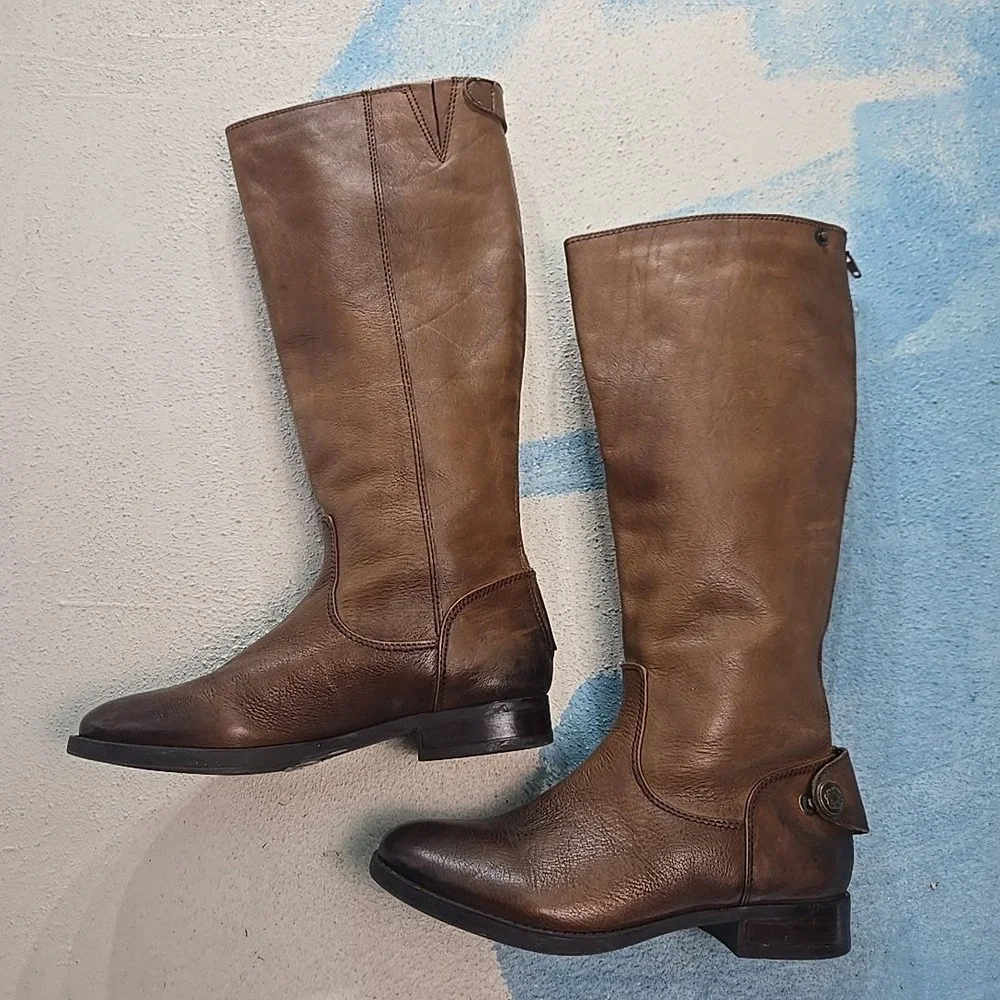 ARTURO CHIANG Women's Size 6 Brown Leather Tall Riding Boots Brass‎ Buttons GUC